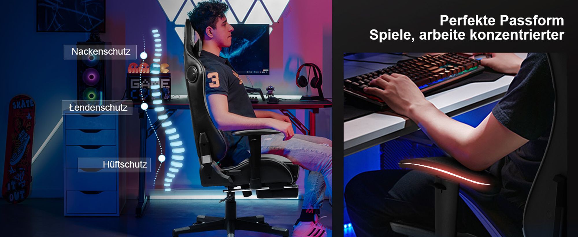 GTPLAYER Gaming Stuhl Mit Fußstützen Bluetooth Lautsprecher Musik Stuhl Ergonomischer Computerstuhl Schreibtischstuhl Gamer Stuhl Grau