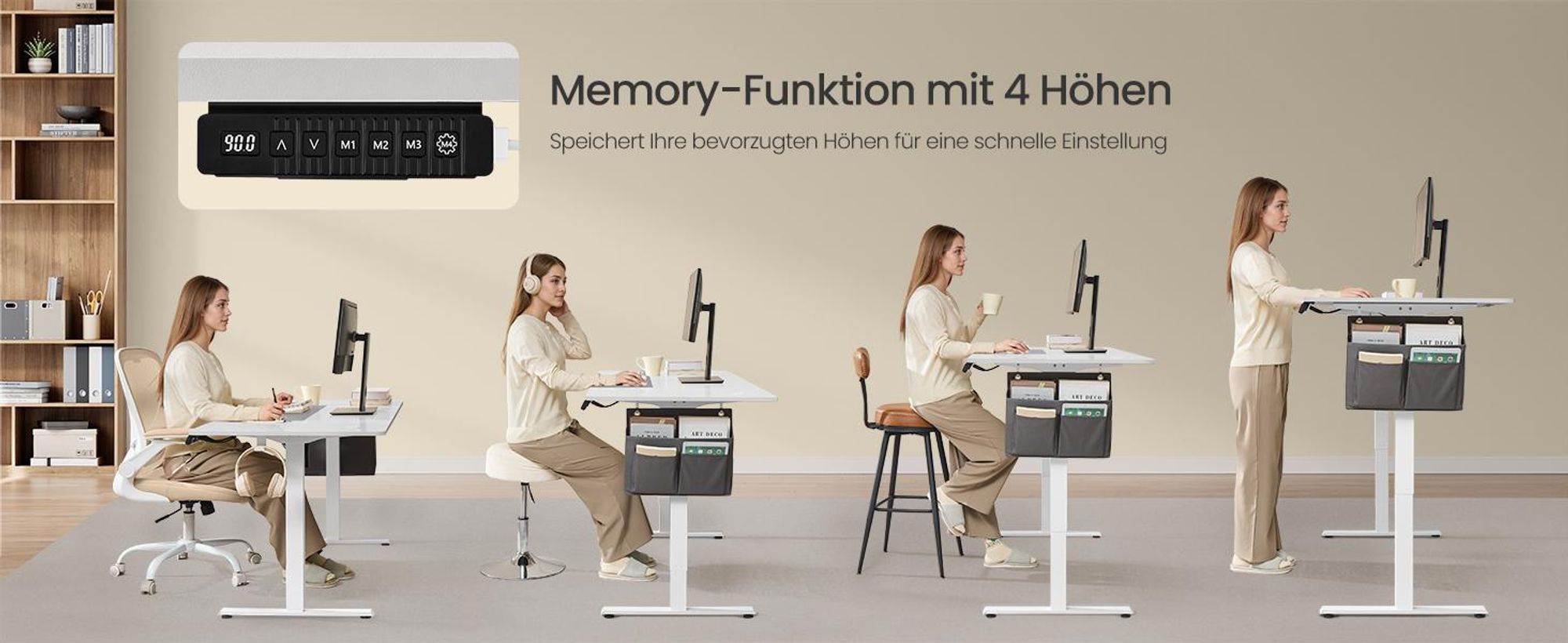 SONGMICS Höhenverstellbarer Schreibtisch elektrisch 140cm Memory-Funktion mit 4 Höhen klassikweiß