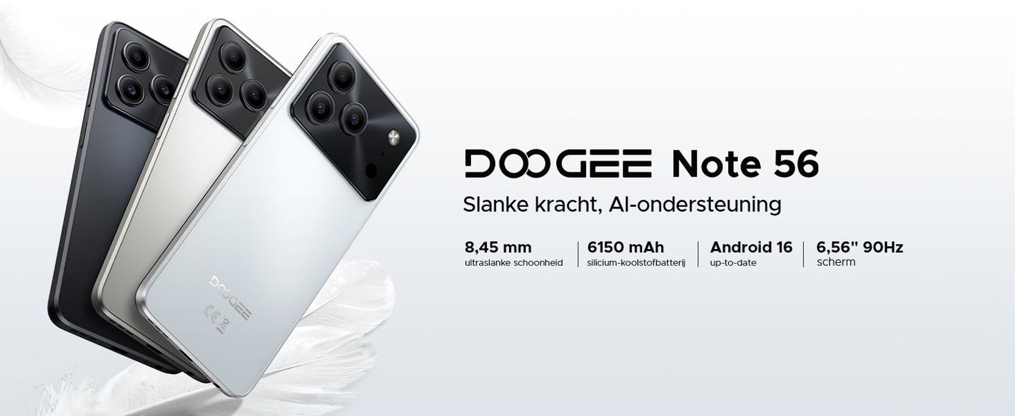 DOOGEE Note 56 Smartphone, Android 16, 6,56" 90Hz HD+, 6150mAh batterij, 24GB RAM + 64GB opslag, 4G Dual-SIM, 8MP camera, gezichtsherkenning, OTG, zonder abonnement