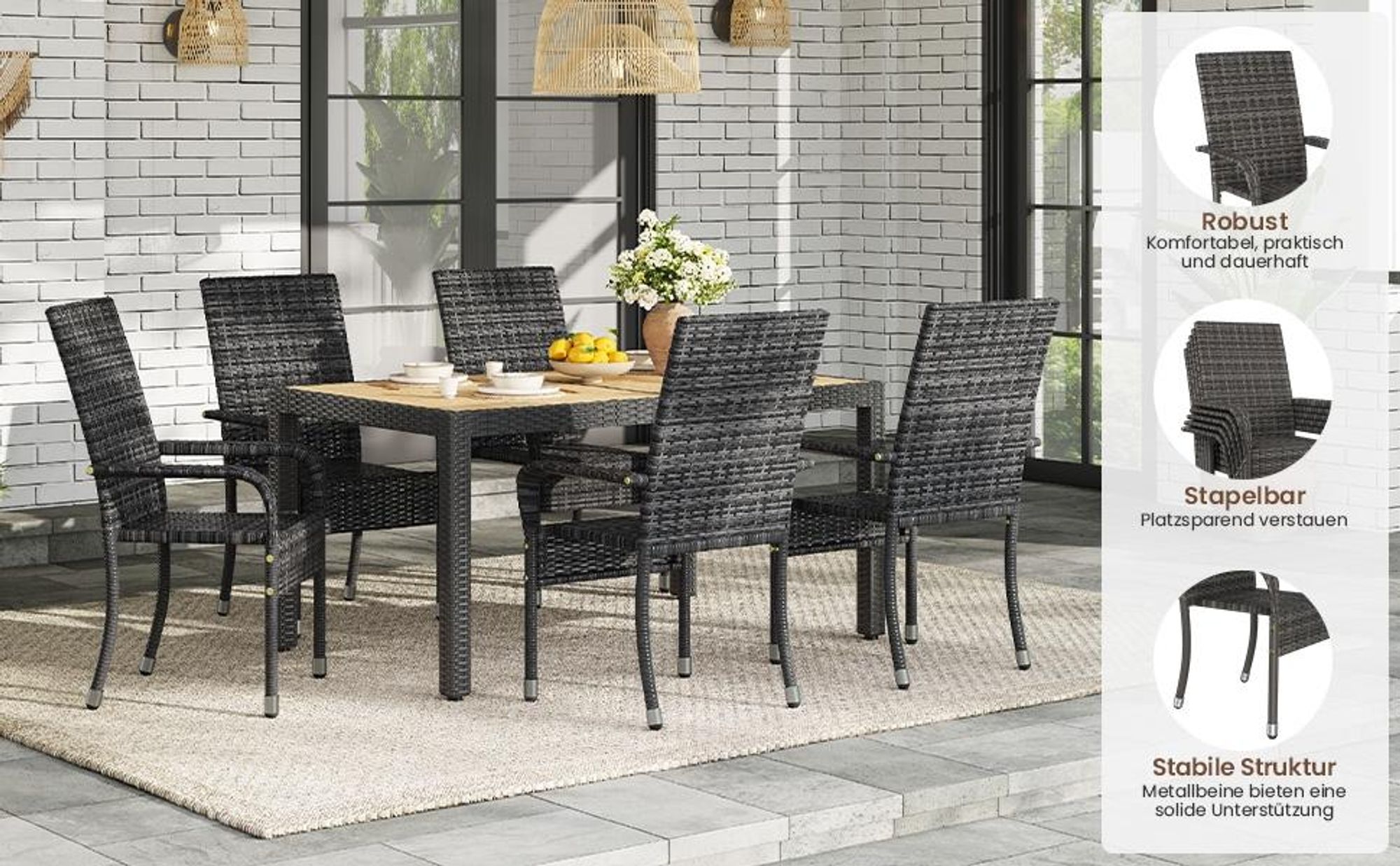 Yaheetech 2er Set Gartenstuhl aus Polyrattan, stapelbare Rattan-Stühle, mit Armlehnen & Rückenlehne, verstellbare Schutzfüße, Grau