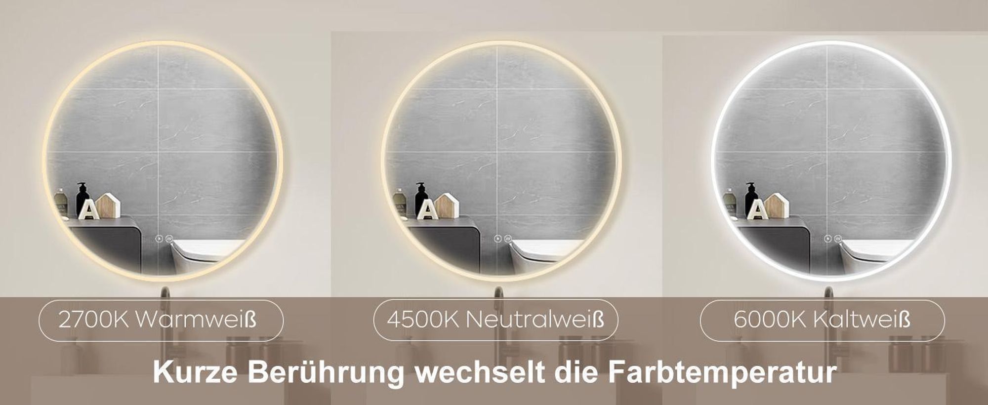 HOKOBadspiegel Anti-fog Rund 80cm mitRahmen+TouchSchalter+LichtWechsel Warmweiß-Kaltweiß-Neutral Licht mit TouchSchalter und Wandschalter einschaltbar