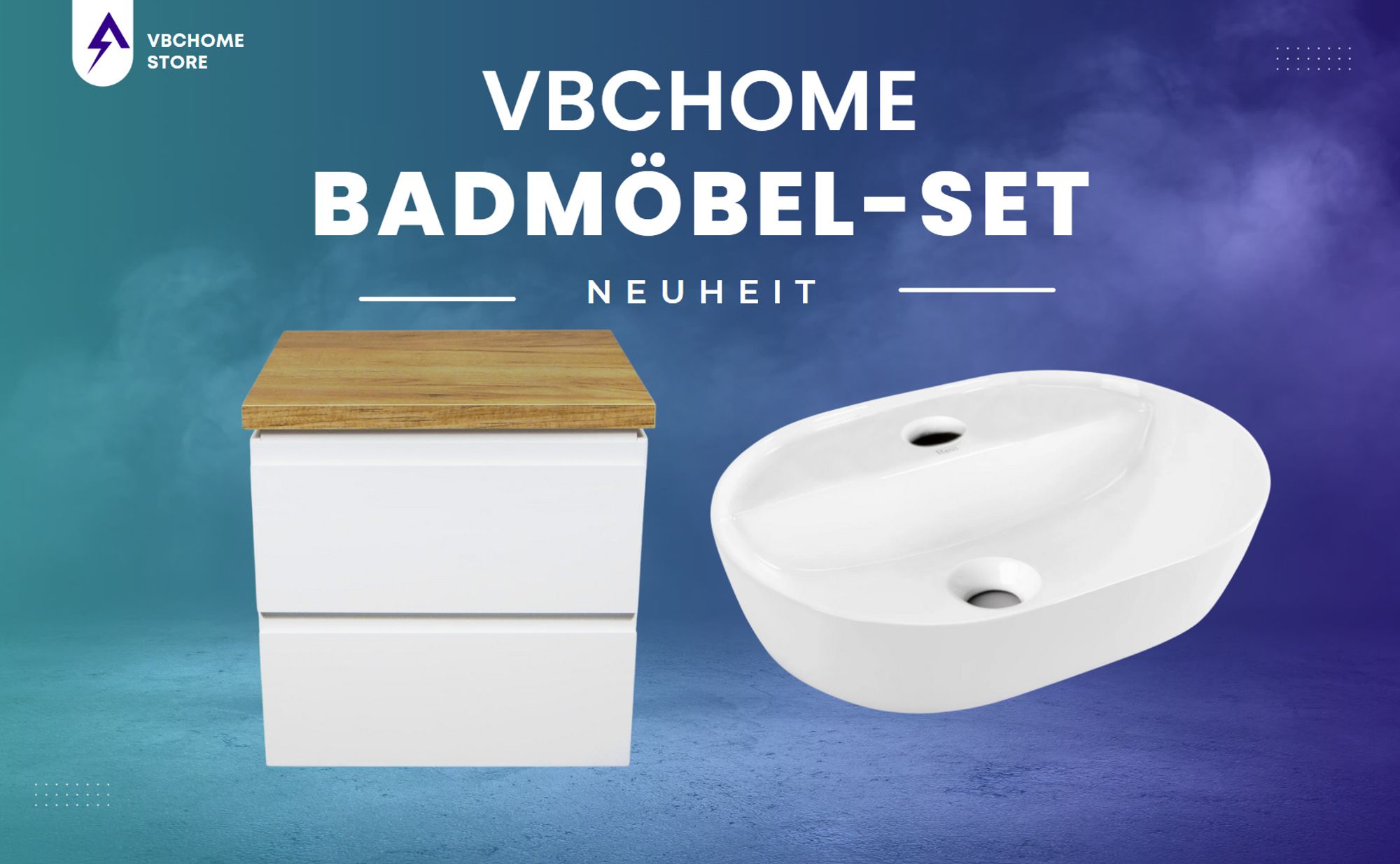 VBChome Badmöbel 50 cm Weiß Aufsatzwaschbecken mit Hahnloch 42x30 cm Aufsatzwaschtisch mit Waschbeckenunterschrank 2 Schubladen Badezimmerschrank