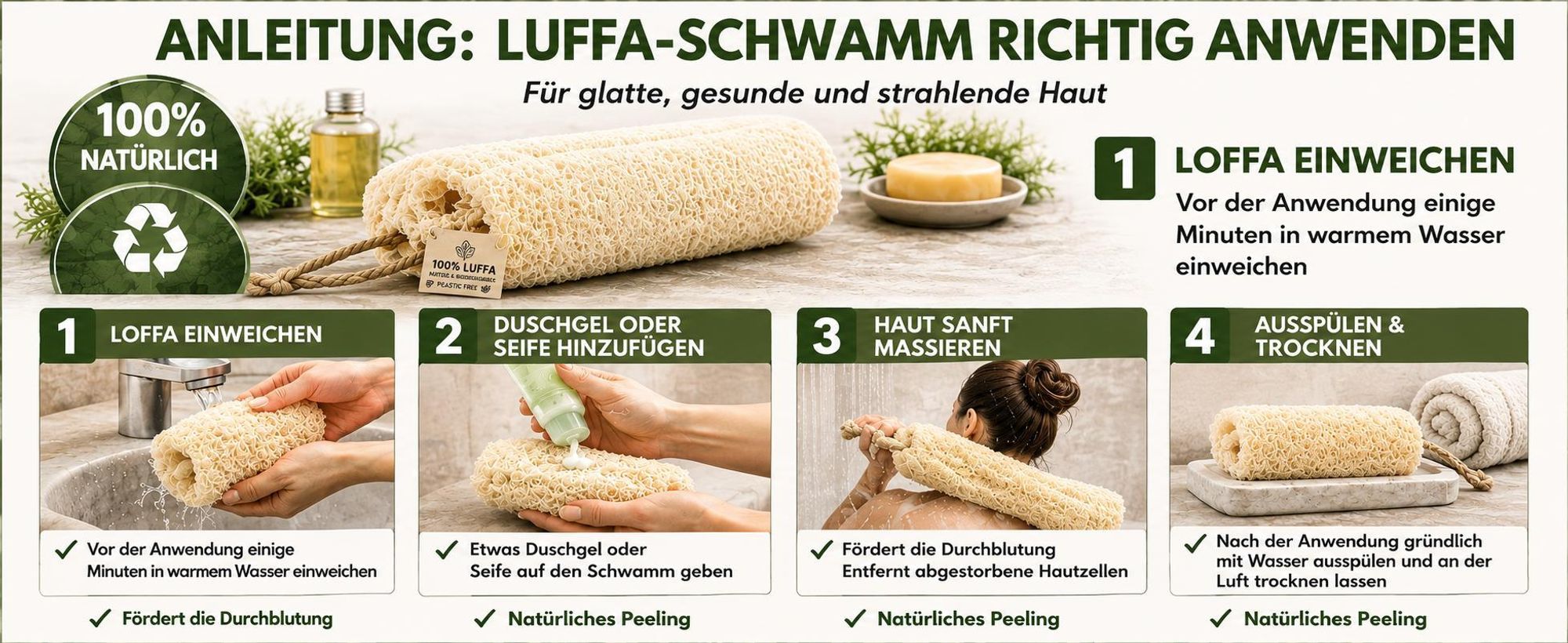 Luffa Waschschwamm 4er Set – Natürlicher Badeschwamm aus Luffa – 100% Natur Peeling Schwamm für Körper & Dusche, 12-15 cm
