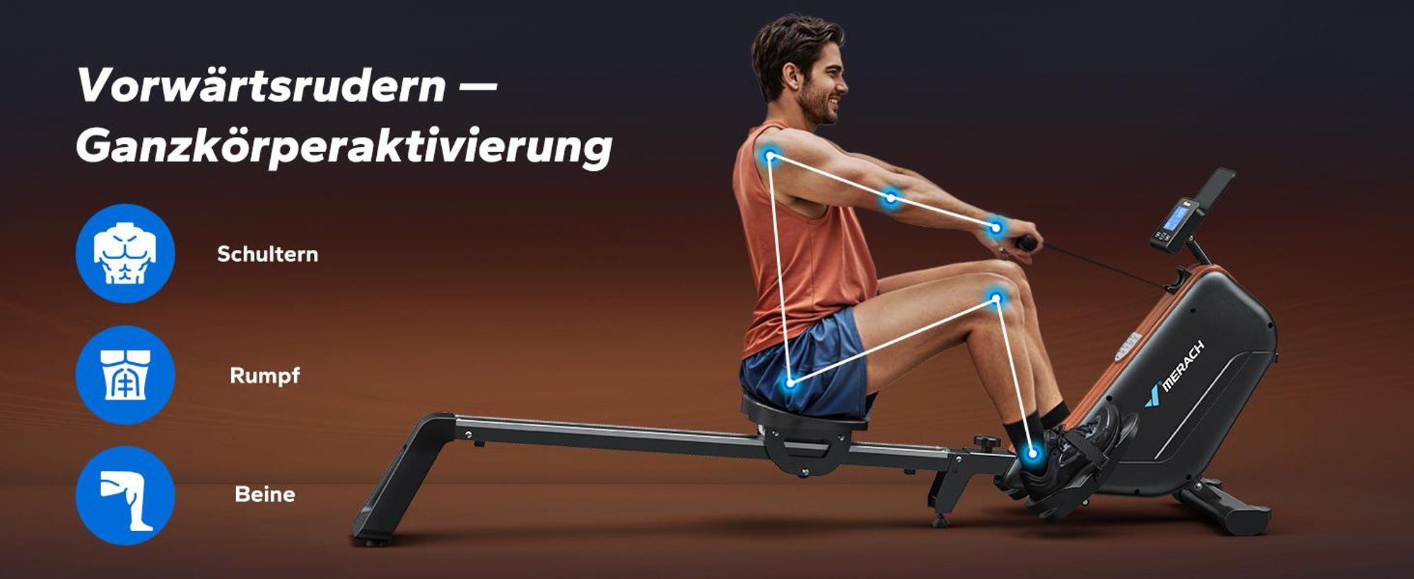 MERACH magnetisches Rudergerät – leise, 16 Stufen, LCD-Display & Bluetooth-App, verstellbare Tablet-Halterung, 160 kg, vertikal klappbar