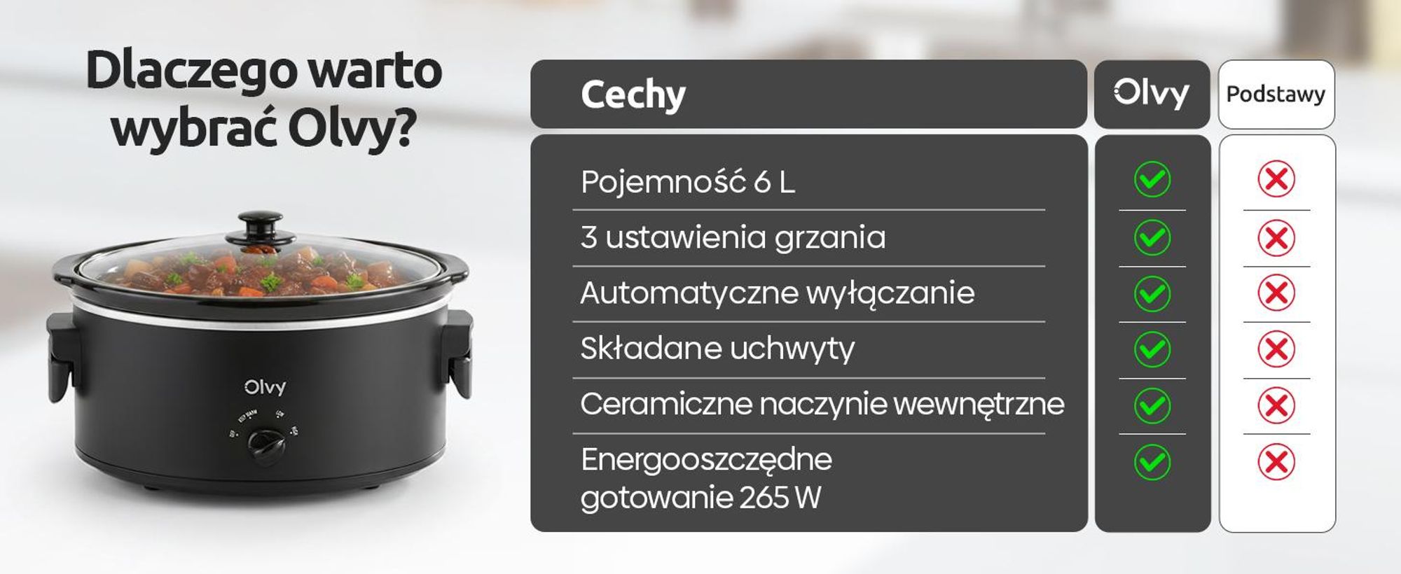 Wolnowar Olvy 6 l – ceramiczny wkład – w zestawie książka kucharska – funkcja utrzymywania ciepła