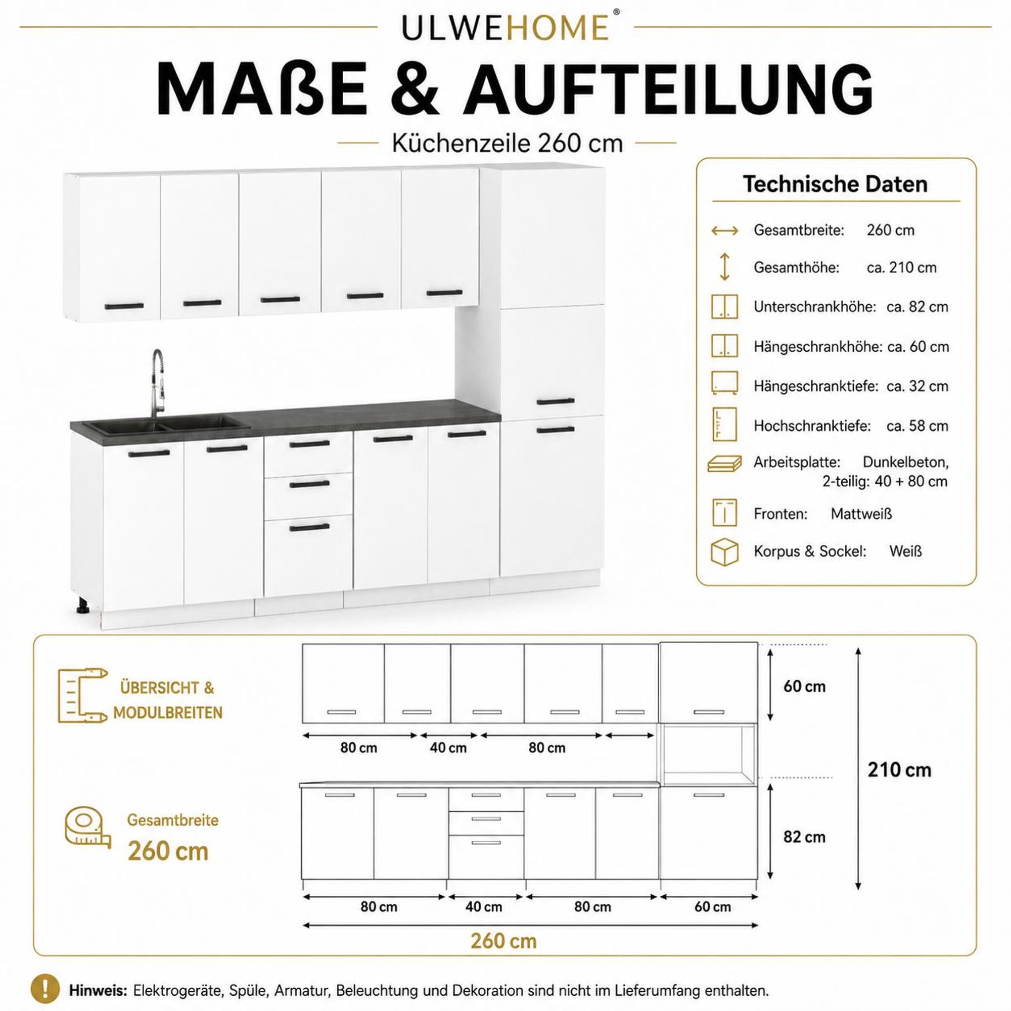 Küchenzeile 260 cm Weiss Matt: Genaue Maße und Modulaufteilung