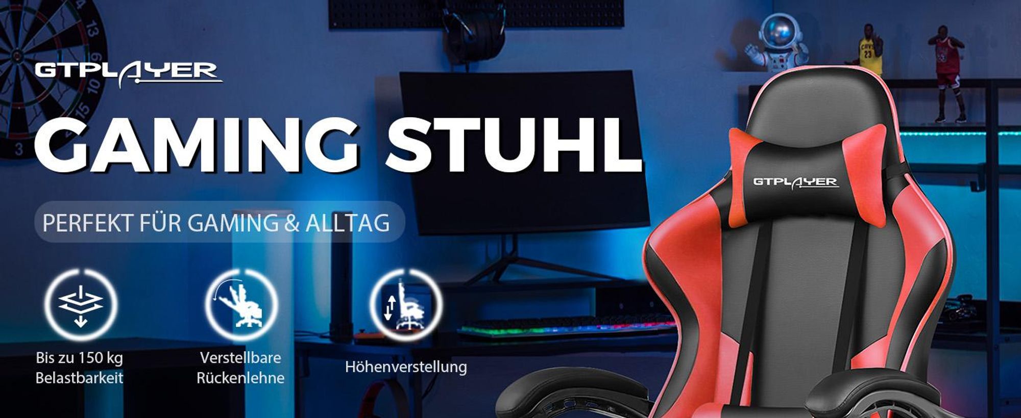GTPLAYER Bürostuhl Gaming Stuhl Massage Gaming Sessel Ergonomischer Gamer Stuhl mit Fußstütze, Kopfstütze Massage-Lendenkissen, Gepolstert Gaming Chair, Drehsessel