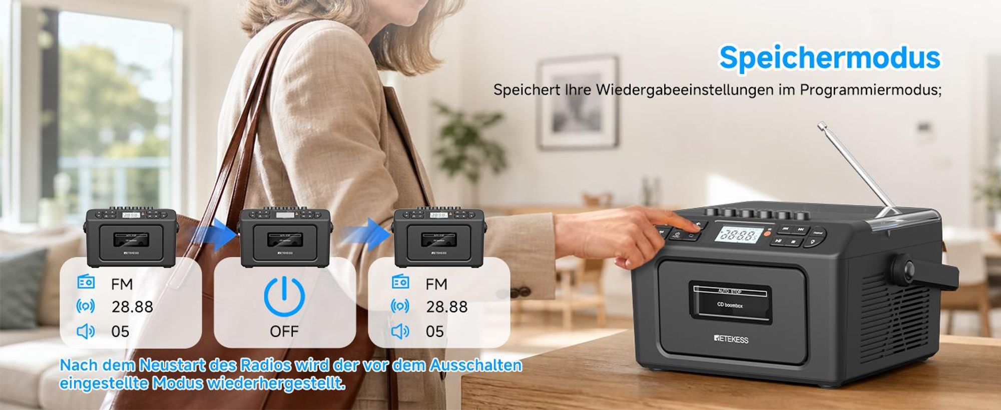Retekess TR642 CD Player mit Kassette,3W Lautsprecher,Stereo, Bluetooth,AM/FM-Radio,AUX,5000mAh Akku,Boombox Kassettenspieler für Kinder Erwachsene