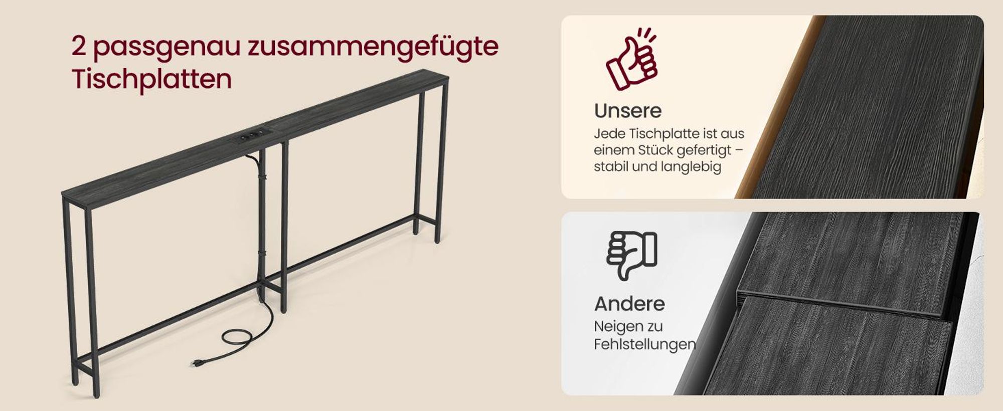 VASAGLE Schmaler Konsolentisch mit Steckdosen Regal hinter Sofa 200 x 15 x 80 cm Schwarz