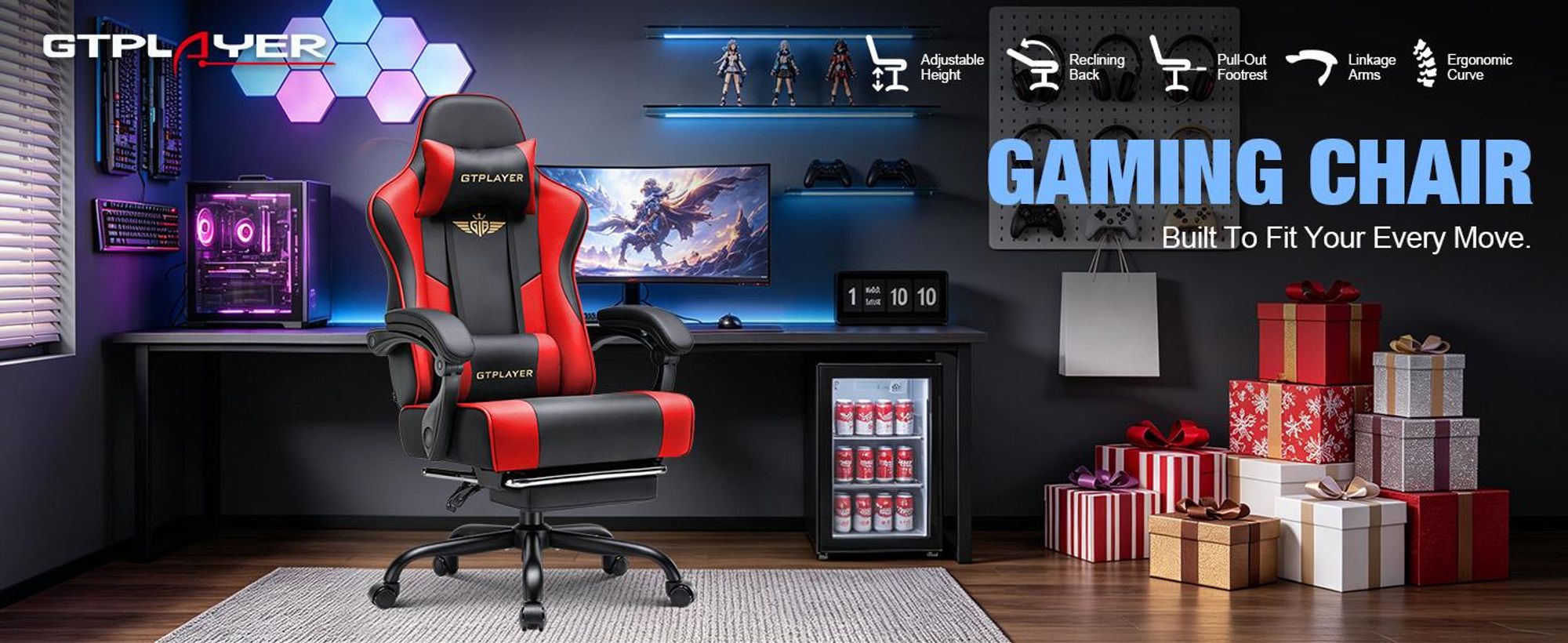Fotel gamingowy GTPLAYER – ergonomiczny fotel dla graczy z podnóżkiem, zagłówkiem i podparciem lędźwiowym, z regulacją wysokości, kolor czerwony