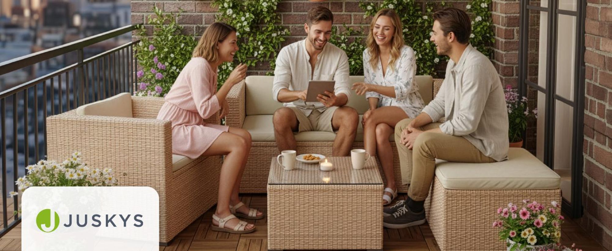 Juskys Polyrattan Lounge Punta Cana L creme – Gartenlounge für 4-5 Personen – Sitzgruppe mit Sessel, Sofa, Tisch & Hocker - Sitzbezüge Sand