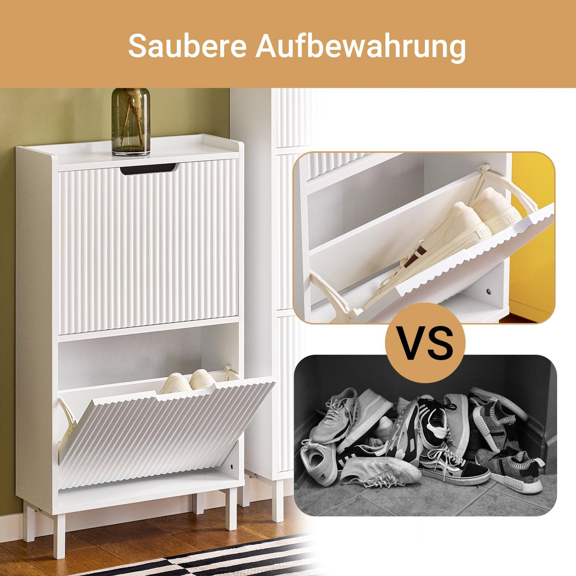 SoBuy schmaler Schuhkipper 19 cm tief mit 2 Klappen, Schuhschrank für Flur mit geschlossenem Stauraum, platzsparendes Schuhregal für Eingänge FSR177-W