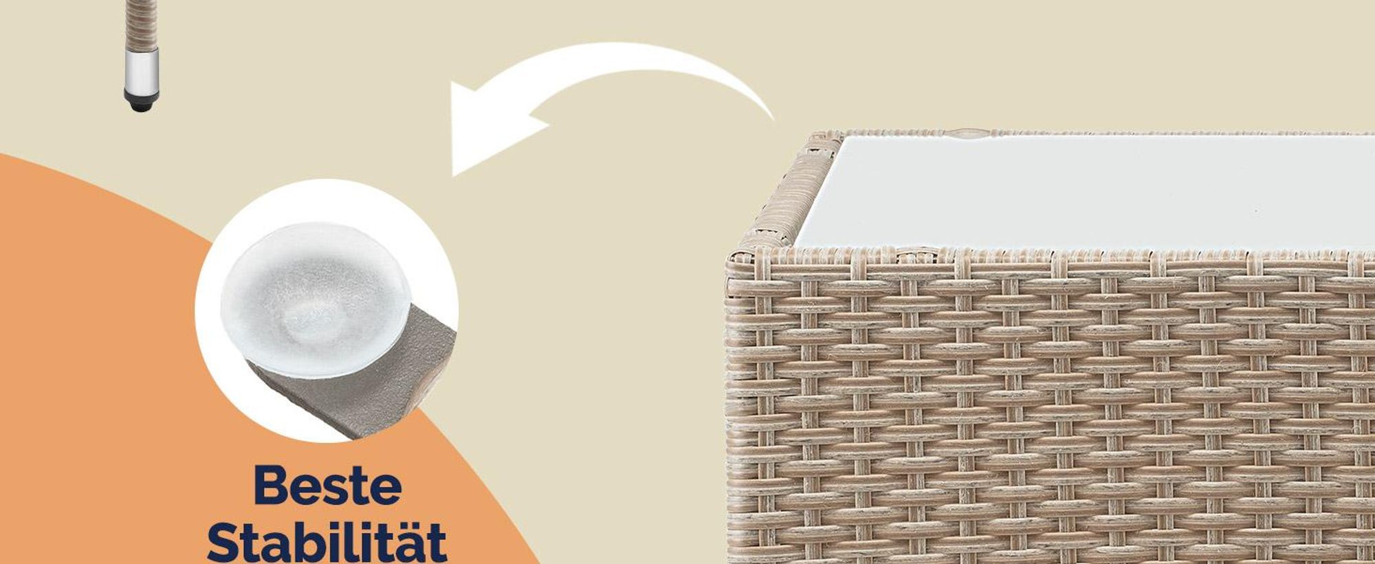 CASARIA® Polyrattan Beistelltisch 58x 58x 42 cm Höhenverstellbare Füße 5mm Sicherheitsglas Wetterfest Gartentisch Balkontisch Kaffeetisch Outdoor Creme