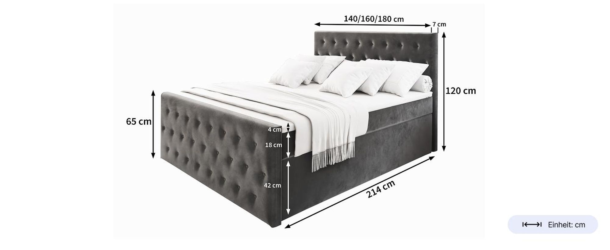 Masseno Boxspringbett FONDI 140x200 cm Komplett-Set mit Bonell Matratze und Topper, Polsterbett mit Bettkästen -Grau, CASABLANCA 15