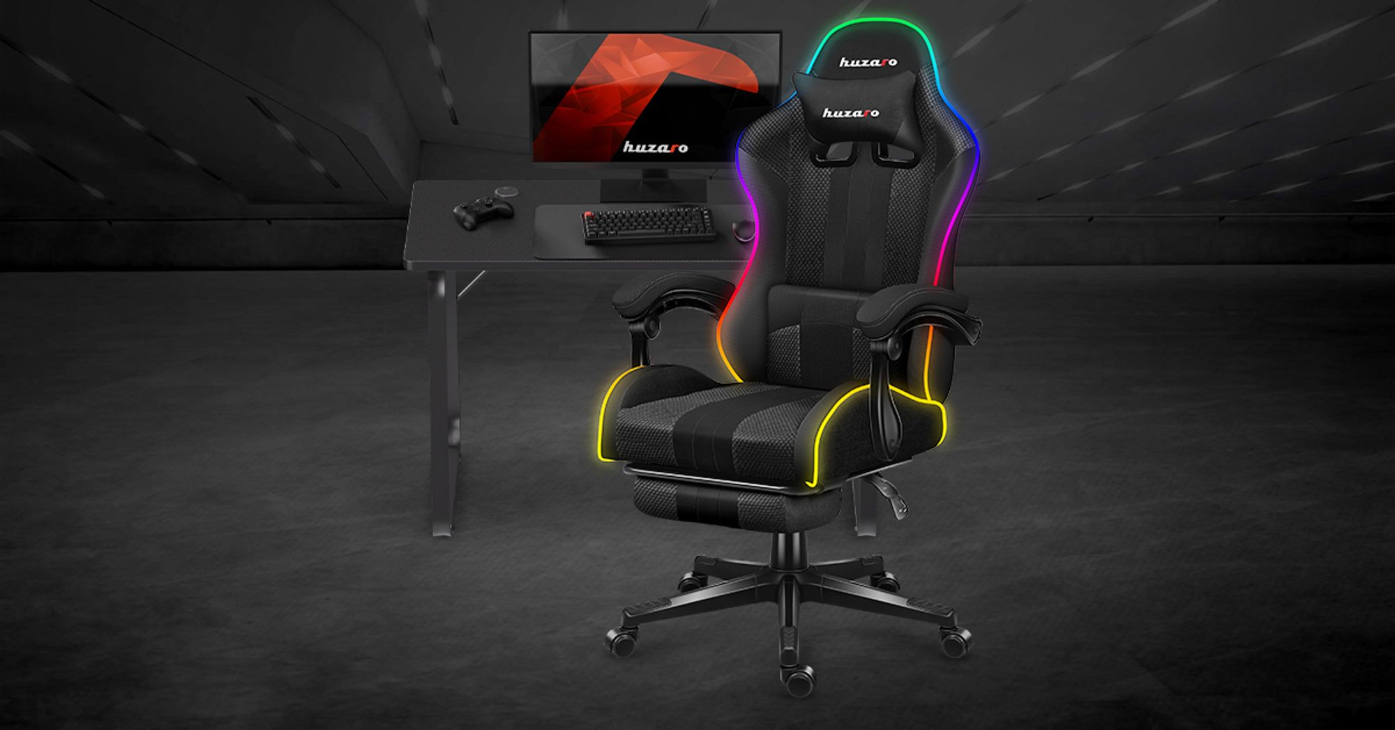Huzaro Force 4.7 RGB | LED Gaming Stuhl Computerstuhl | 90-140° Neigungswinkel | Kopfstütze Lendenkissen Höhenverstellbar Fußstütze | 140 kg | Schwarz