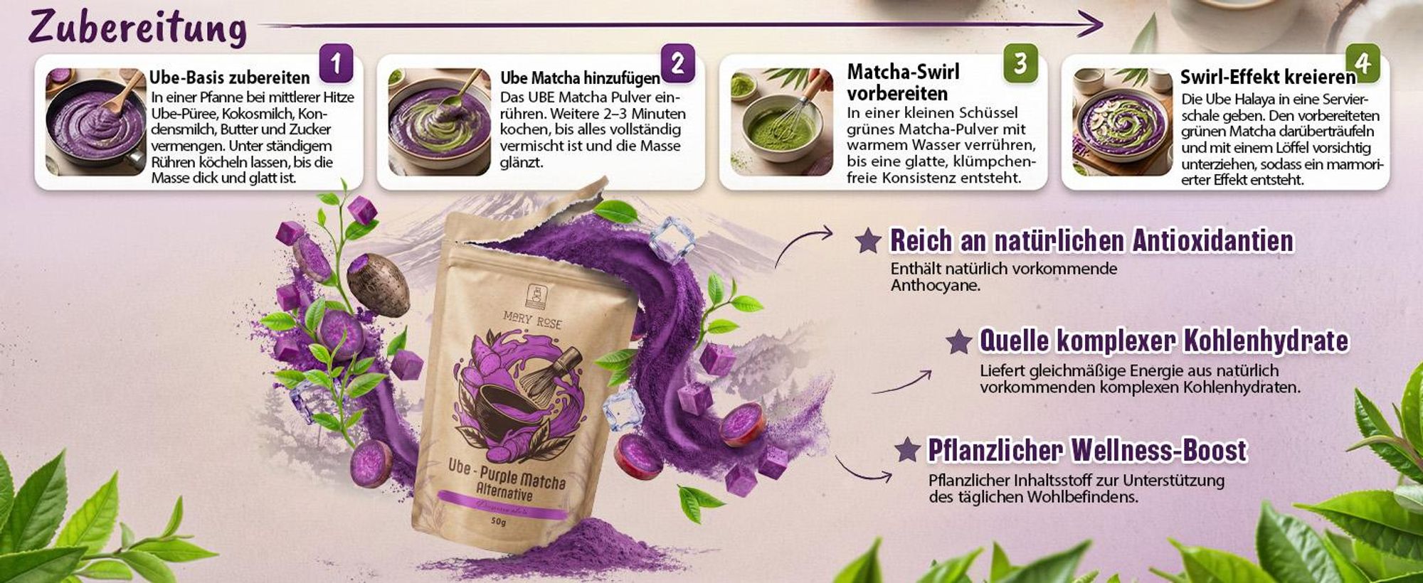 Mary Rose - Purple Matcha Tee Ube Pulver 50g - Lila Yamswurzel - Koffeinfrei - Für Latte, Gebäck - Lebensmittelfarbstoff - Vanille-Nuss-Geschmack