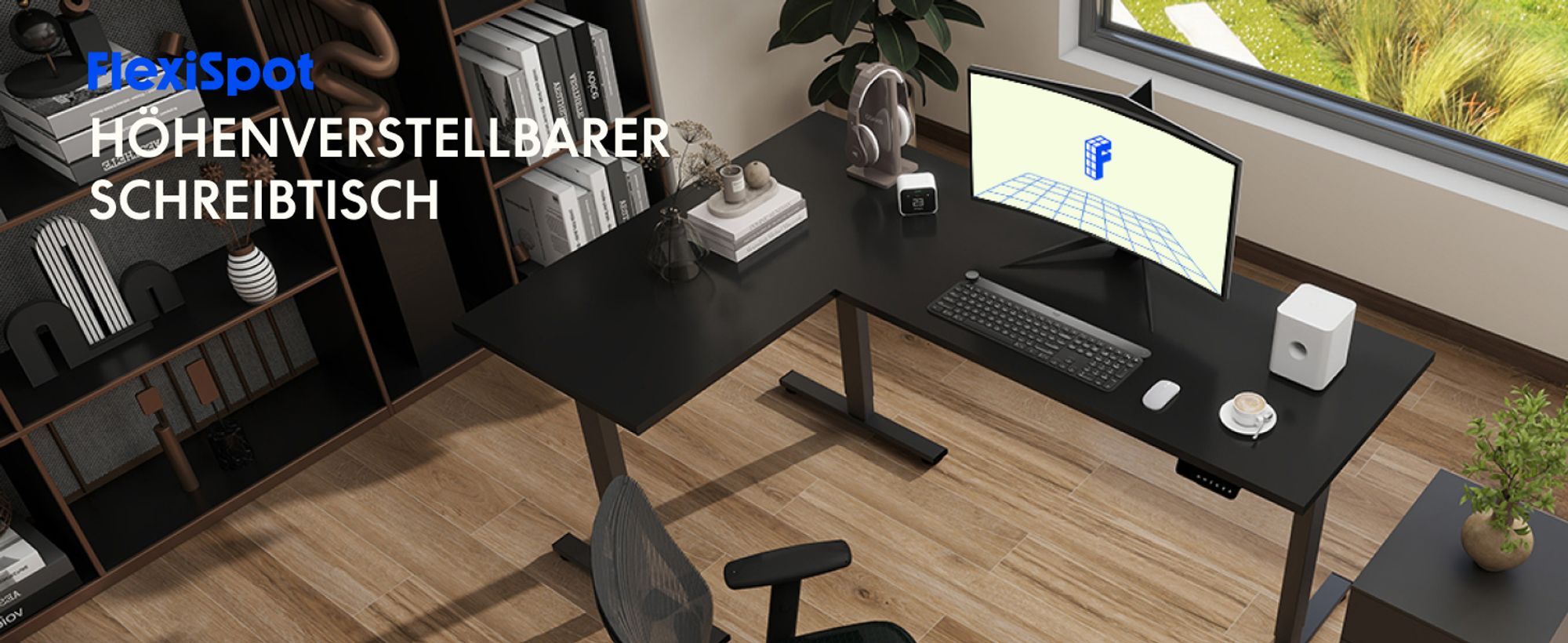 FLEXISPOT Höhenverstellbarer Schreibtisch 180x120cm L-förmiger Eckschreibtisch mit 3 Beinen, 4 Speicherplätzen, Antikollisionsschutz, LED (Schwarz)