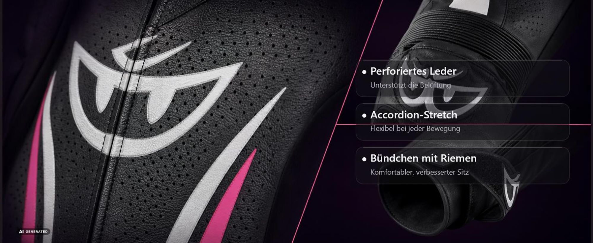 Berik Monles 2-Teiler Damen Motorrad Lederkombi, schwarz/weiß/pink, 42