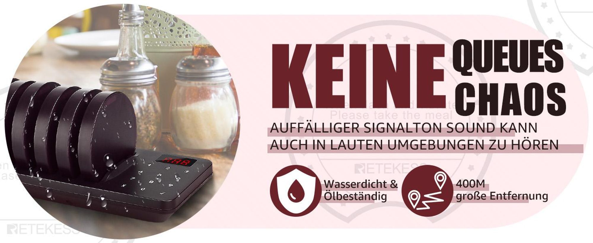 Retekess TD162 Drahtloses Anrufsystem, Restaurant Pager System, Stabile 10 Untersetzer, 32 Anrufmodi 250s Dauer 20H Standby, 400M Touchscreen Einfach zu Krankenhaus, Snack, Bar, Café