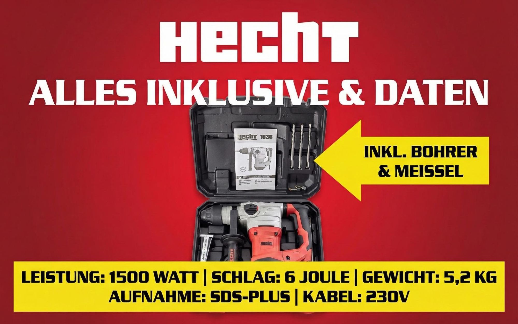 HECHT 1036 Bohrhammer SDS + | 1500 W | 6 Joule | 4250 SpM | mit Zubehör und Koffer | Stein | Beton