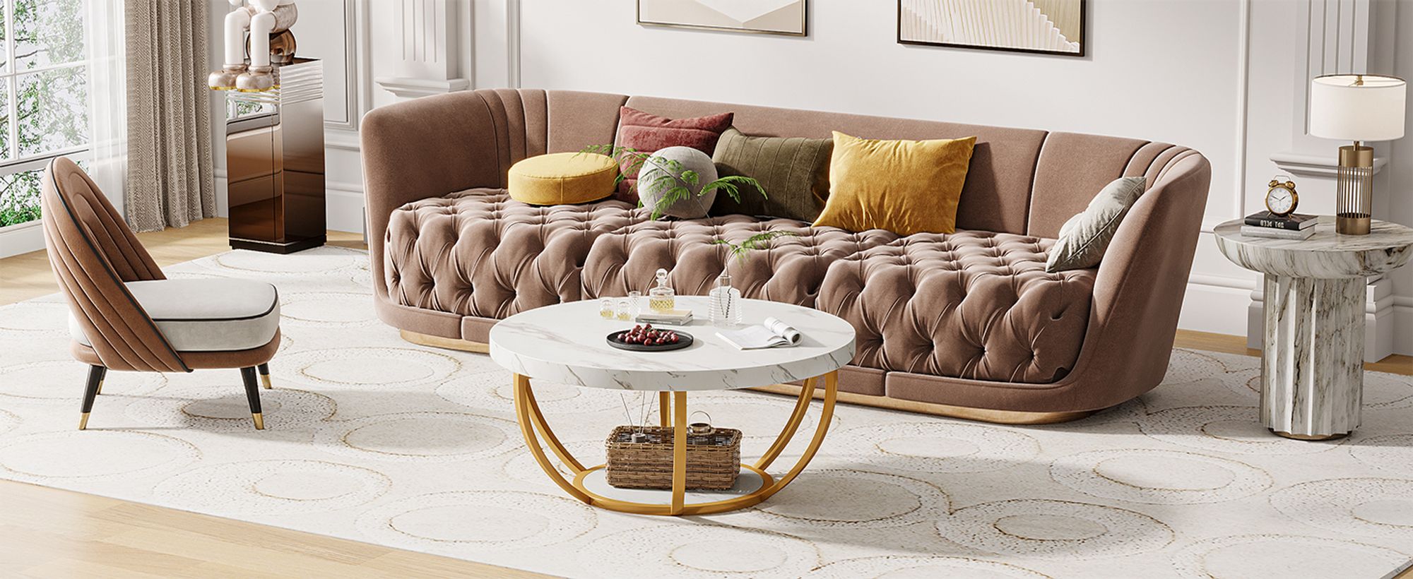 Tribesigns Moderner runder Couchtisch, 2-stöckiger Couchtisch mit weißem Marmor und goldenen Metallbeinen, runder Mitteltisch, Teetisch, Weiß und Gold