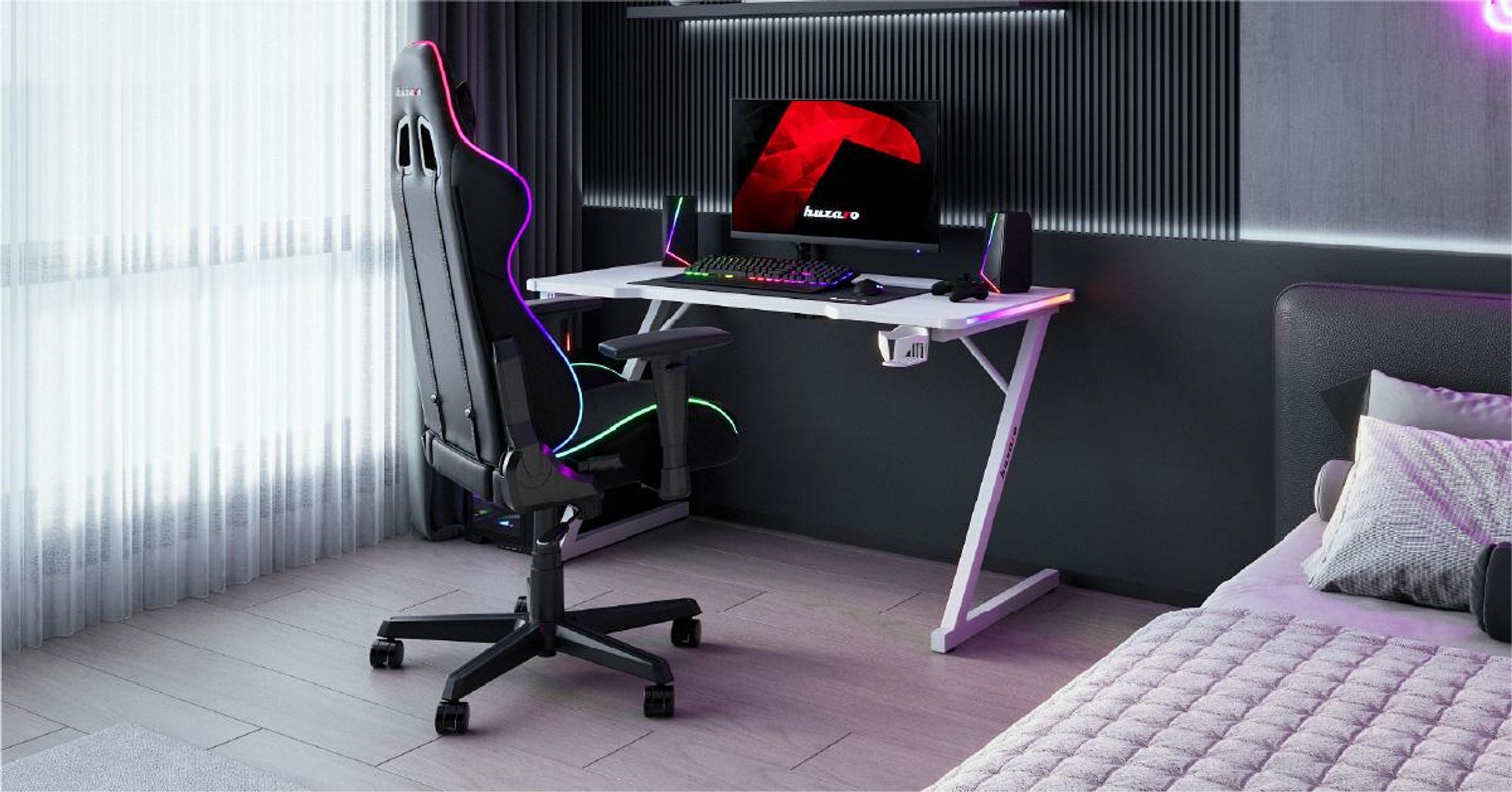 Huzaro Hero 2.5 | RGB-Beleuchtung LED Tisch Schreibtisch | Getränkehalter Kopfhörerhalter | USB-Ladeanschluss | Carbon Tischplatte 120x60cm | Weiß