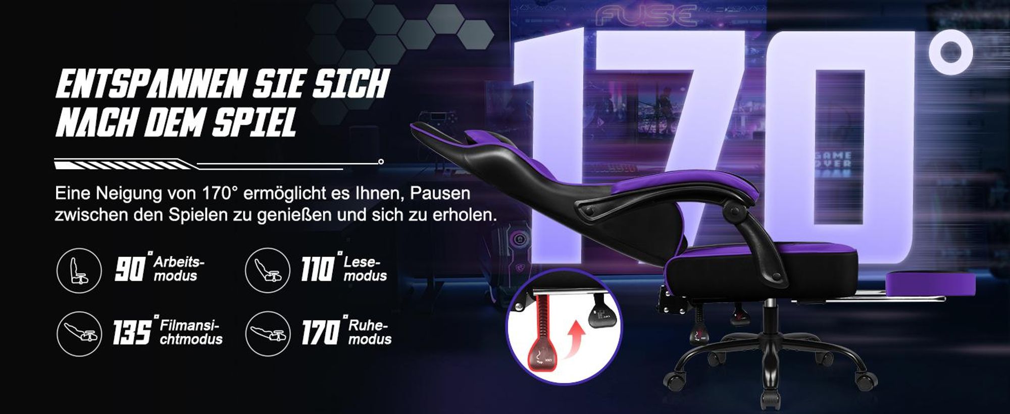 Adormii Gaming Stuhl Bürostuhl Schreibtischstuhl Ergonomischer Gaming Sessel mit Fußstütze und Lordosenstütze, Wippfunktion90°-170°, Lila