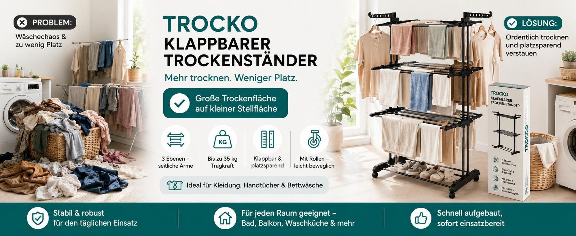 Faltbarer 173 cm Wäscheständer mit Rollen, Klappbarer Wäscheständer bis zu 35 kg Belastung  - DRYKO