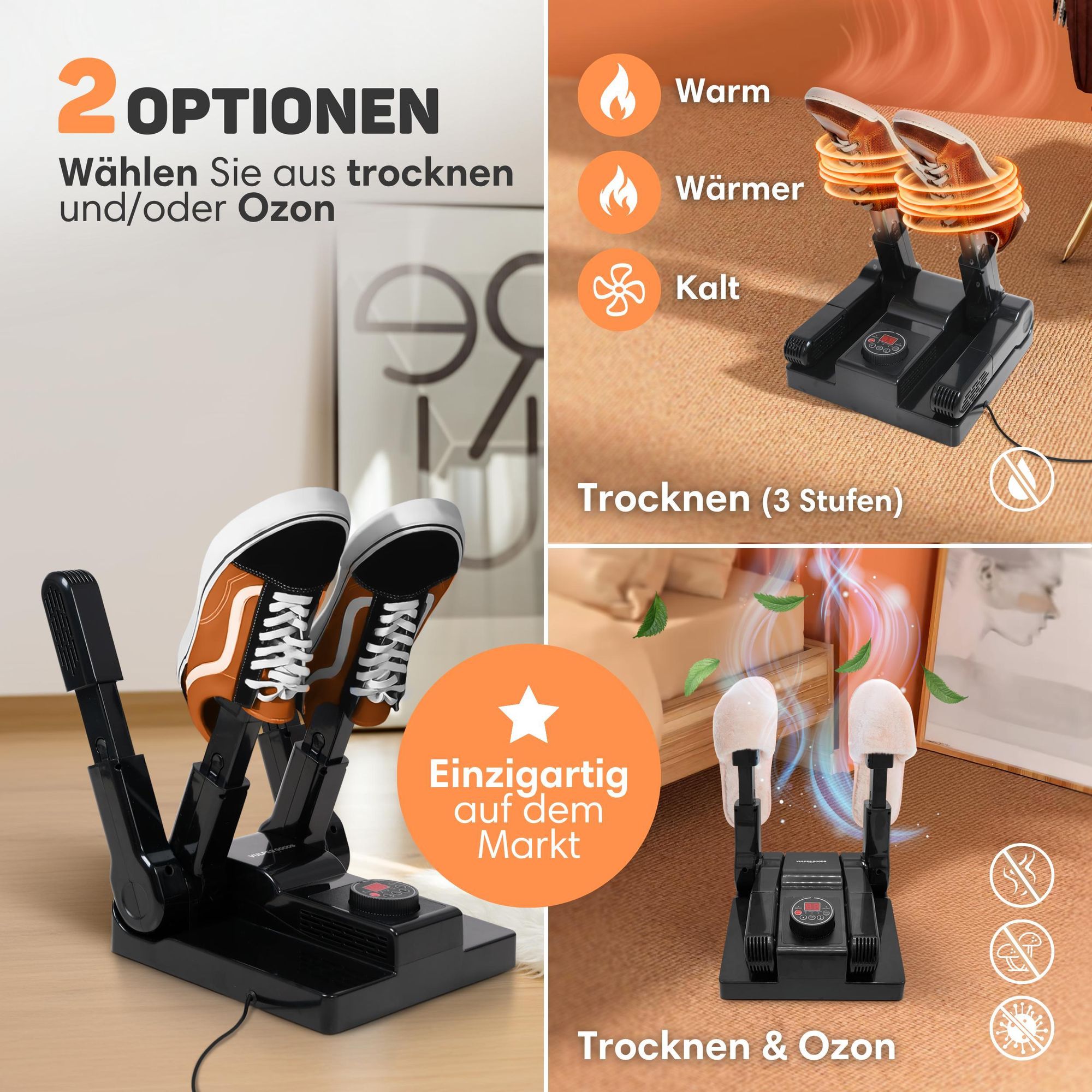 Vulpes Goods Schuhtrockner, Schuherfrischer, Timer, Ozon & Trocknungsfunktion, Geruchsentferner, Fußwärmer, Schuherfrischer, Inkl. 10 Schuhauffrischer