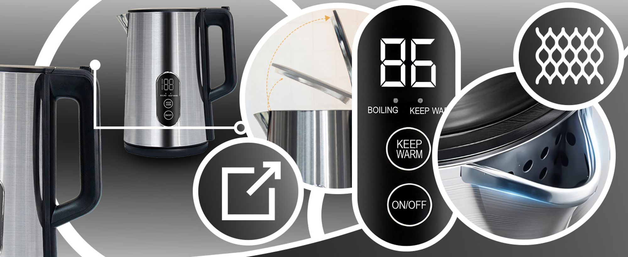 Wasserkocher 1.8L mit Temperatureinstellun 1500W bis 1800W Teekocher, LED Touchpanel, Warmhaltefunktion, BPA-frei, Abschaltautomatik, Edelstahl Retoo