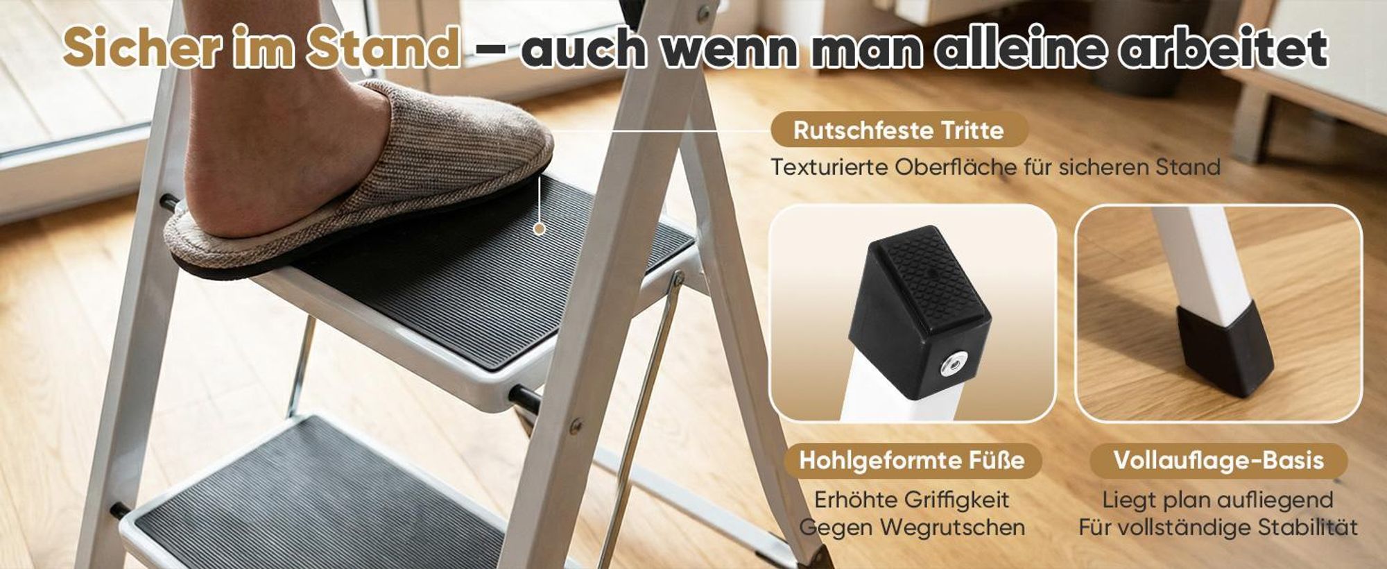 Sekey Trittleiter Klappleiter 3 Stufen – bis 150 kg, rutschfest, Lock-Klappsperre, Haushaltsleiter