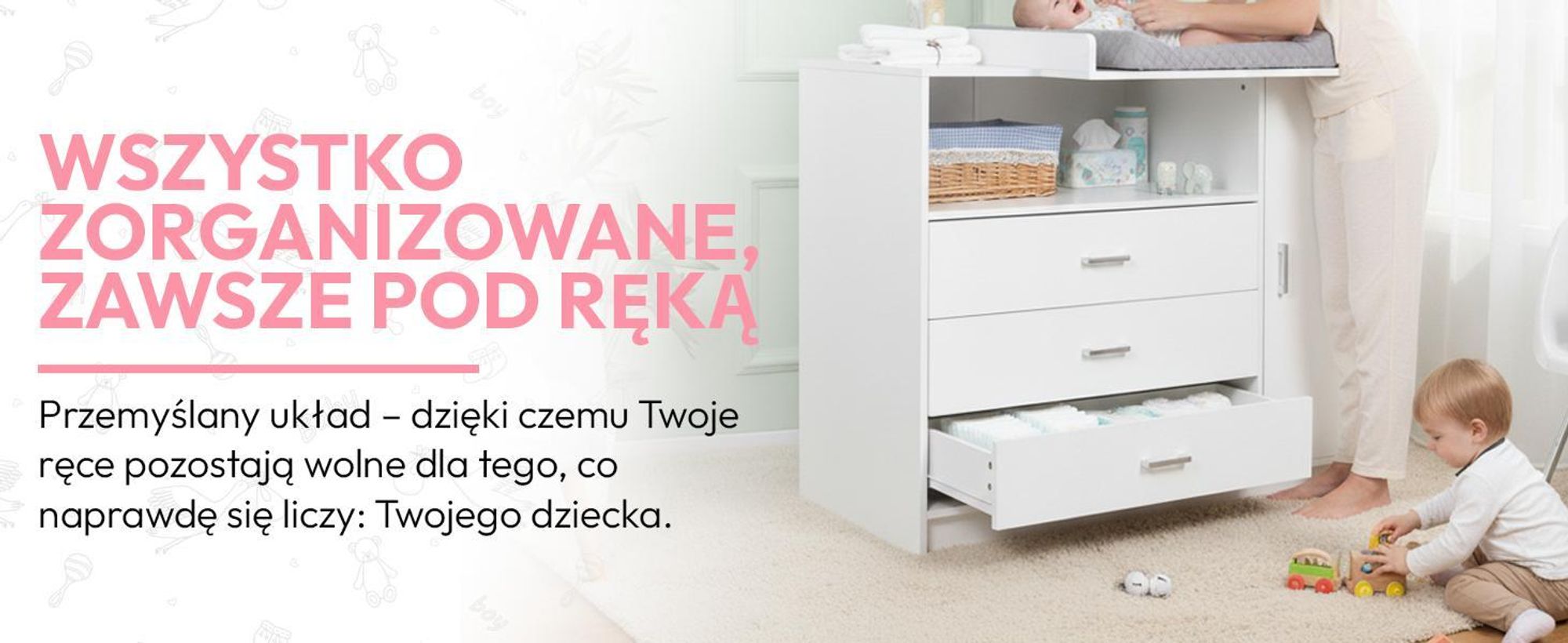 Komoda do przewijania z drewnianym blatem do przewijania, 3 szufladami, 1 drzwiami, wysokość 100 cm, kolor biały, blat do przewijania 113 x 100 cm