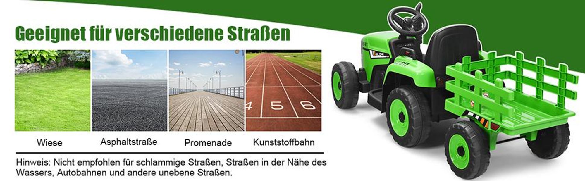 COSTWAY 12V 3-Gang 3-8KM/H Kinder Elektroauto Traktor mit abnehmbarem Anhänger, 2,4-GHz-Fernbedienung, LED Lichtern, Musik&USB, für Kinder 3+ Grün