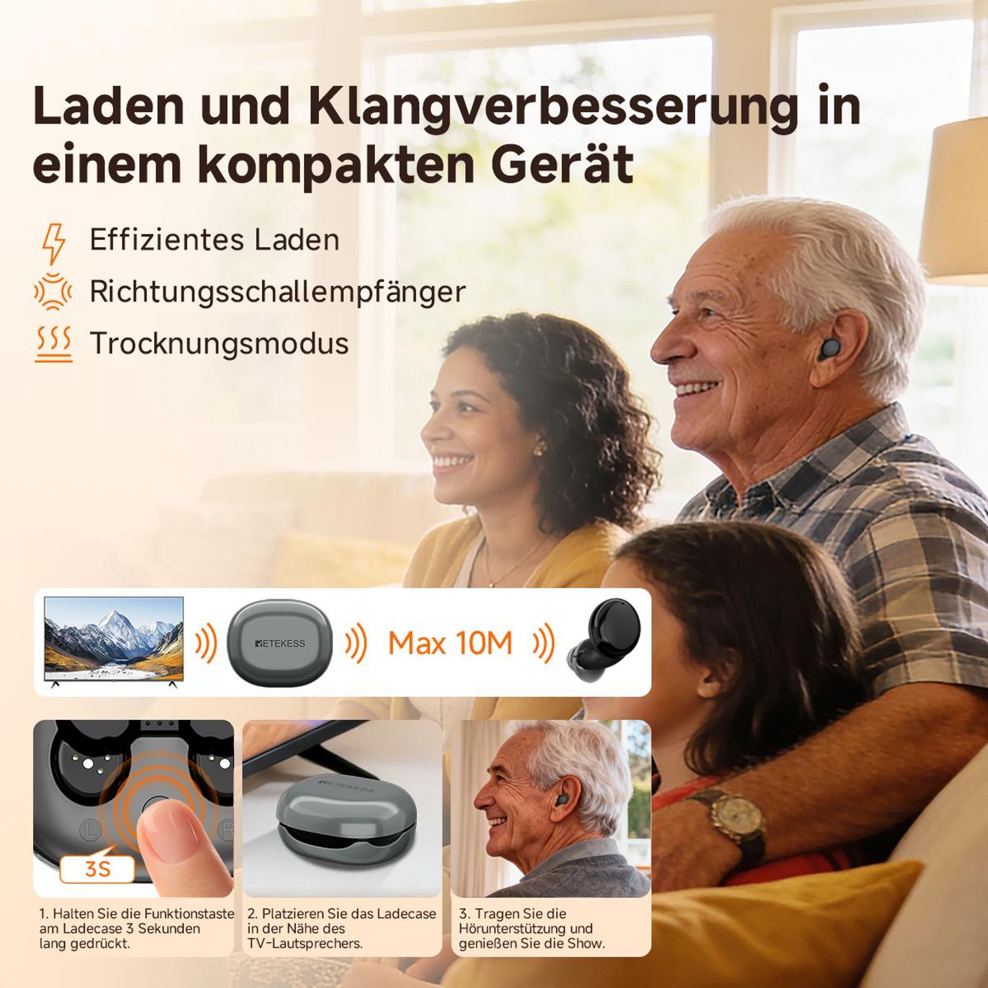Retekess TE103 Hörgeräte für Senioren, Hörhilfen, 40 dB + 3 dB, 16-Kanal-Audioverarbeitung, 20 Stunden Dauerbetrieb, multifunktionalen Ladecase