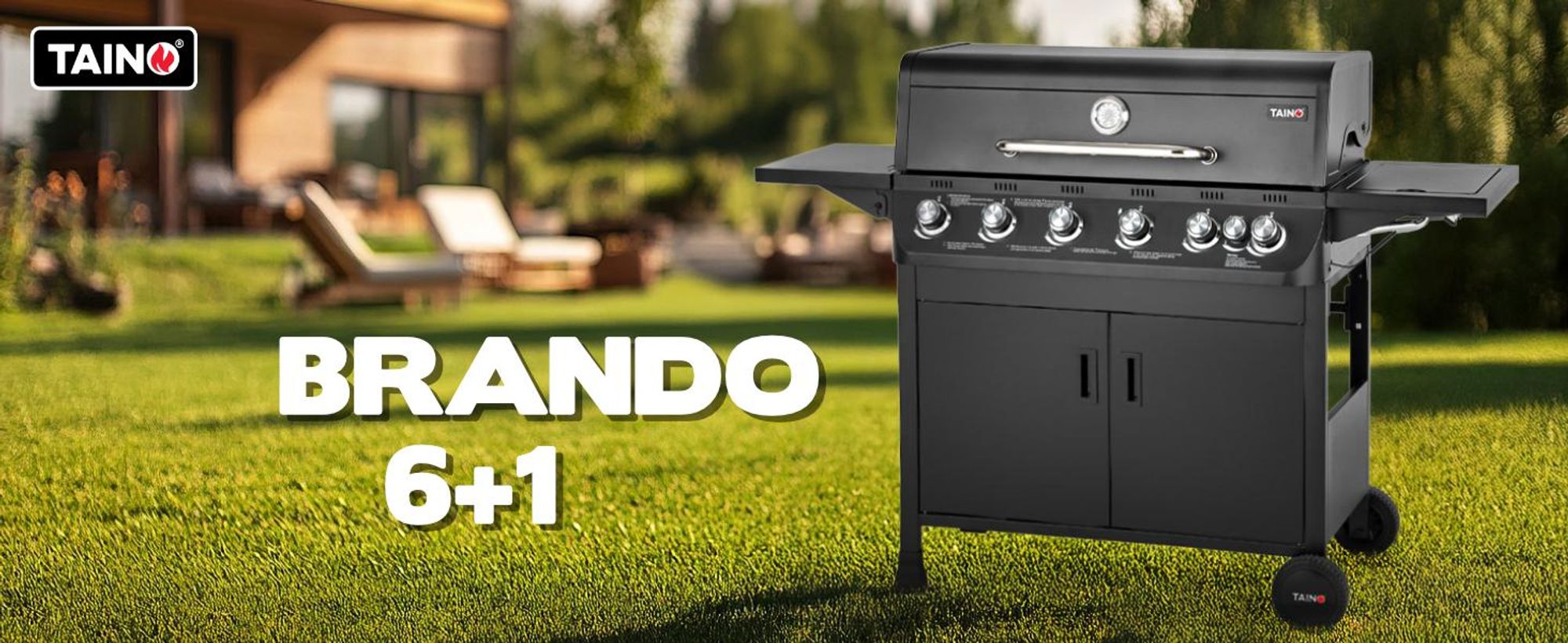 Der TAINO-Gasgrill BRANDO 6+1 auf einem Rasen eines sommerlichen Gartens