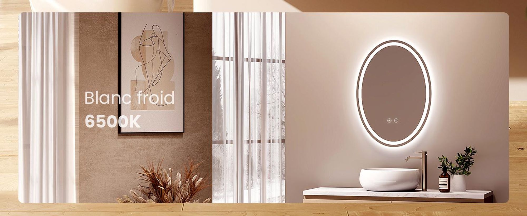 EMKE Miroir de salle de bain 50x70 cm Miroir de salle de bain avec 3 couleurs de lumière, miroir de salle de bain avec antibuée + dimmable + interrupteur tactile Miroir LED ovale