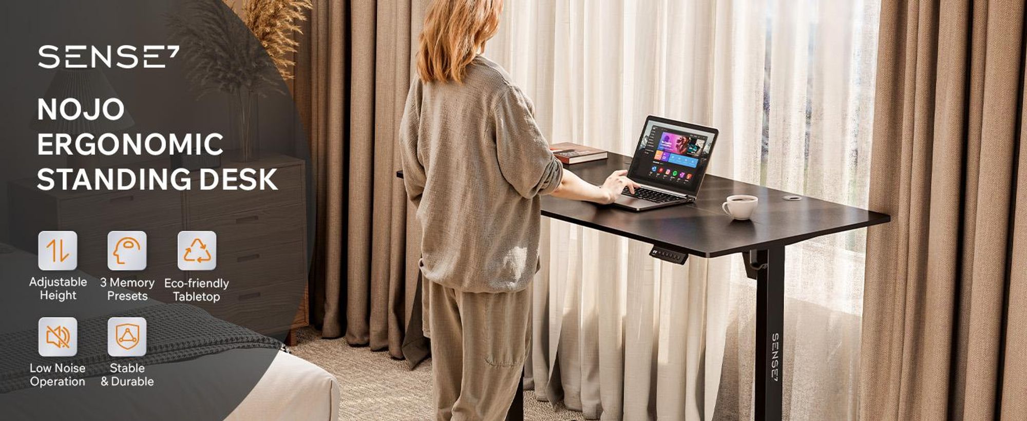 SENSE7 Nojo Elektricky výškovo nastaviteľný stôl 120x60 Herný stôl Počítačový stôl Stojací stôl PC stôl Ergonomický s pamäťovou funkciou Čierny