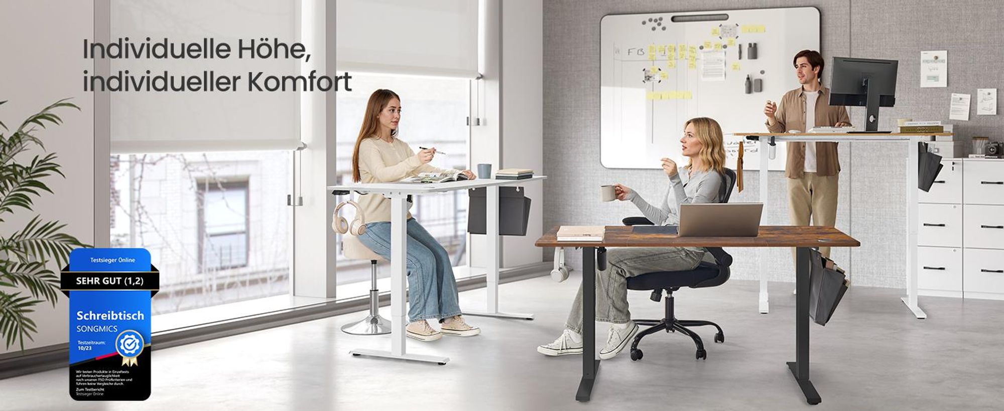 SONGMICS Höhenverstellbarer Schreibtisch elektrisch 140cm Memory-Funktion mit 4 Höhen klassikweiß