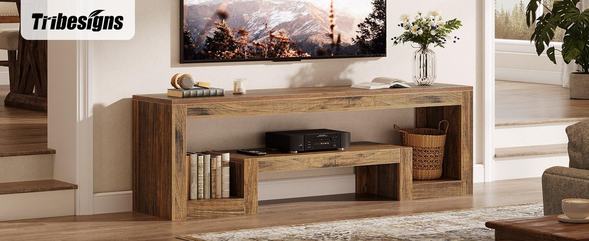 Tribesigns 63 Zoll TV-Ständer für 55/60/65/75 Zoll Fernseher, TV-Schränke & TV-Tische, Farmhouse Entertainment Center mit offenen Ablageflächen, rusti
