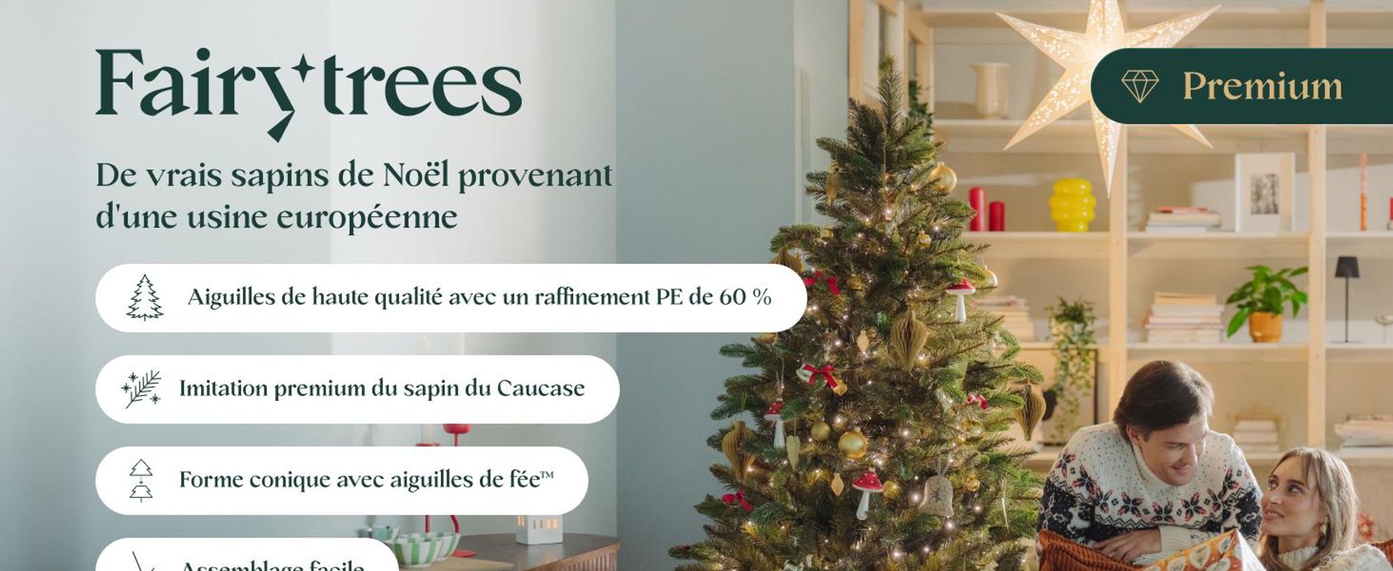 FAIRYTREES Sapin de Noël Artificiel, Nordmann Premium 180 cm, Éléments naturels moulés par Injection, Fabriqué en UE, Arbre de Noël avec Support en Bois de frêne Fait à la Main