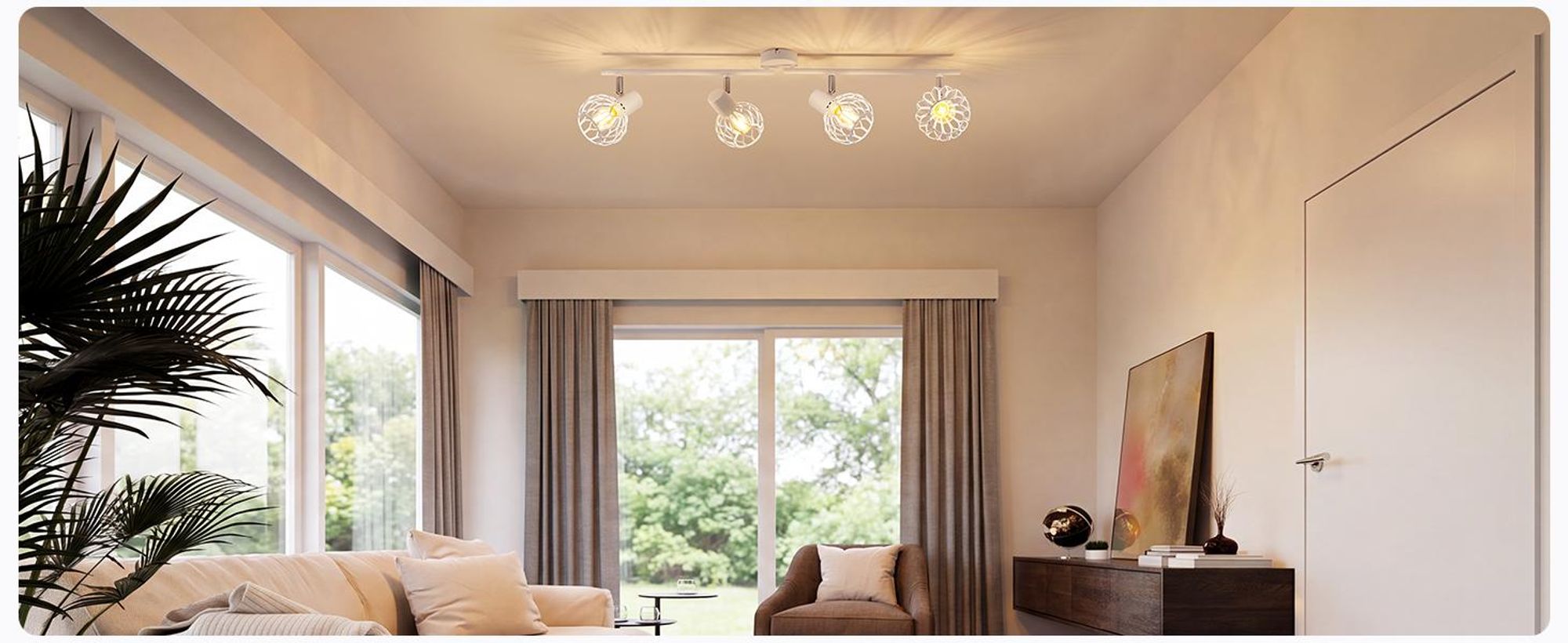 ZMH Lámpara de techo LED, 4 luces, blanca, casquillo E14, metal. Lámpara de techo giratoria de 350°, ideal para salones. Focos de techo para interiores, lámpara de techo para cocina