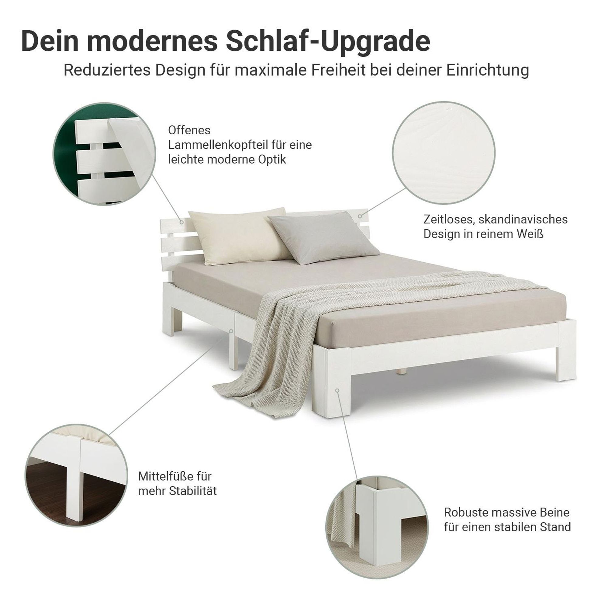 Hier werden einige Merkmale vom Bett gezeigt. Das Holzbett verfügt über einen Mittelfuß.