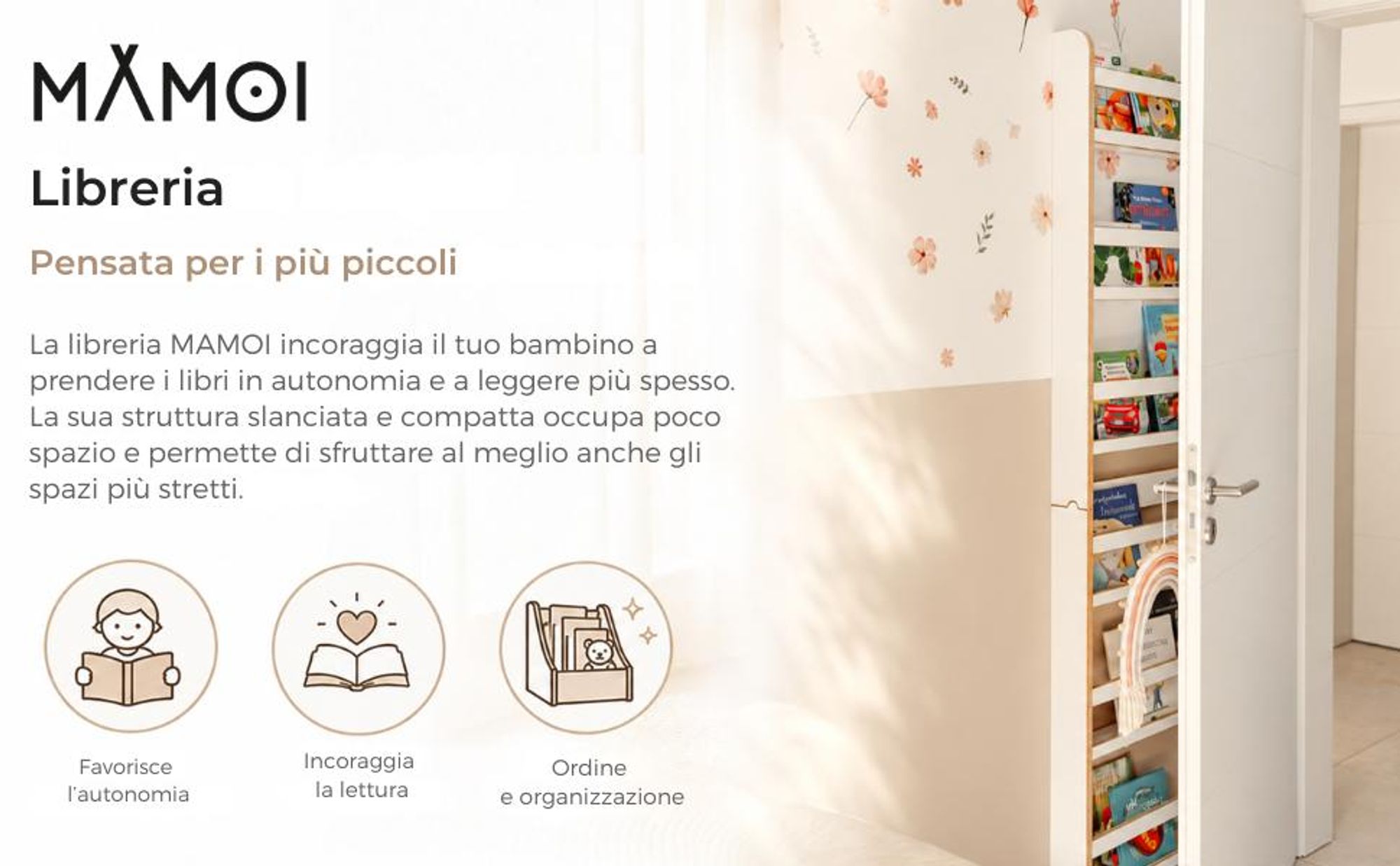 MAMOI® Libreria verticale per bambini, Porta libri in legno naturale, Scaffale librerie bambino, Mobile bambini montessoriana design moderno scandinav