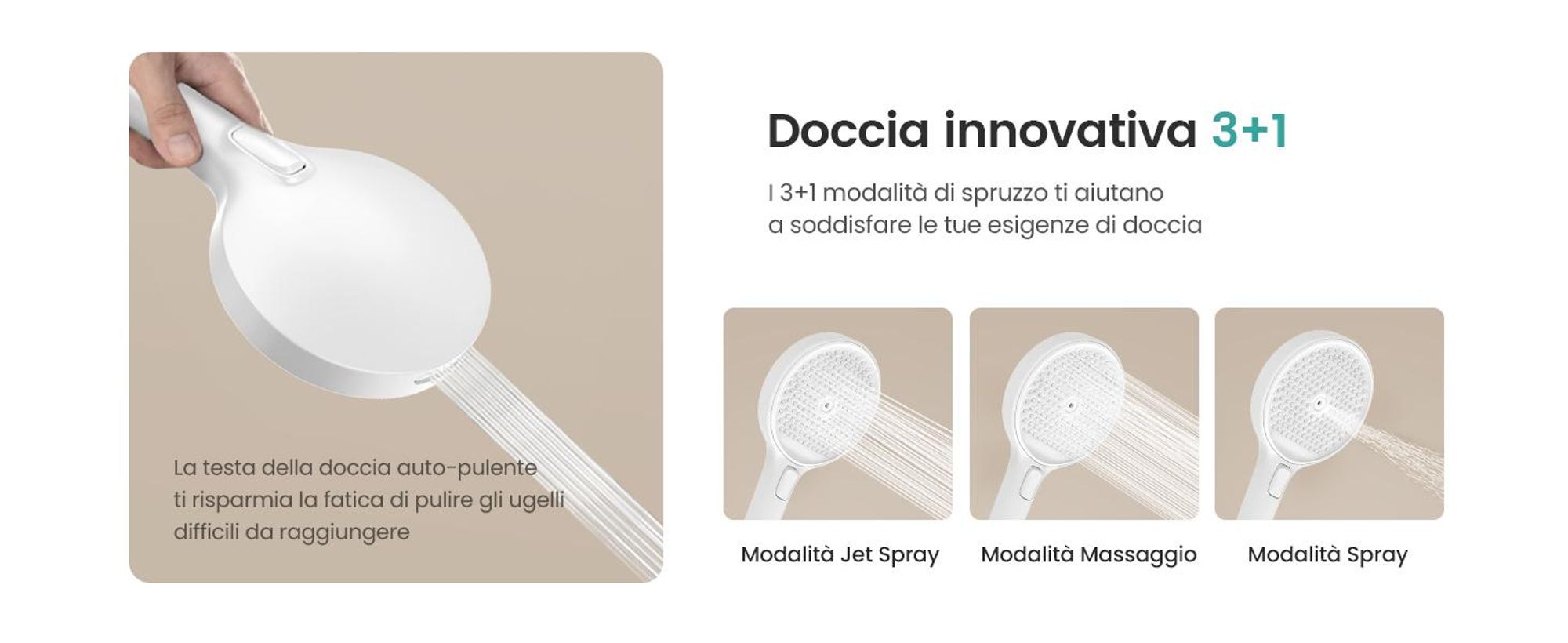 Sistema doccia EMKE con termostato, soffione a pioggia 36x24cm, doccia a pioggia con ripiano in vetro, doccetta con 4 intensità di getto, rubinetteria per vasca e doccia, bianco opaco