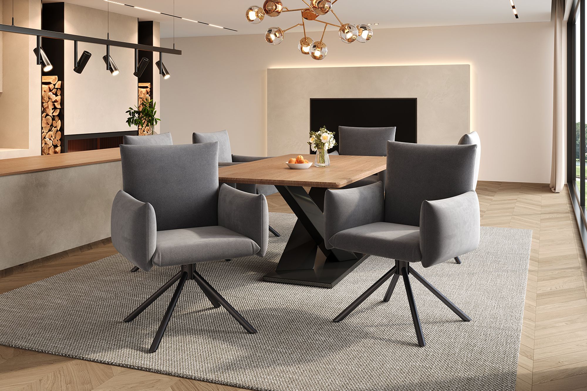 Flieks Esszimmerstühle (6 St.), 360° drehbarer Loungesessel, Polsterstuhl aus Samt, Essstuhl mit 4 Metallbeinen, atmungsaktives Material, grau