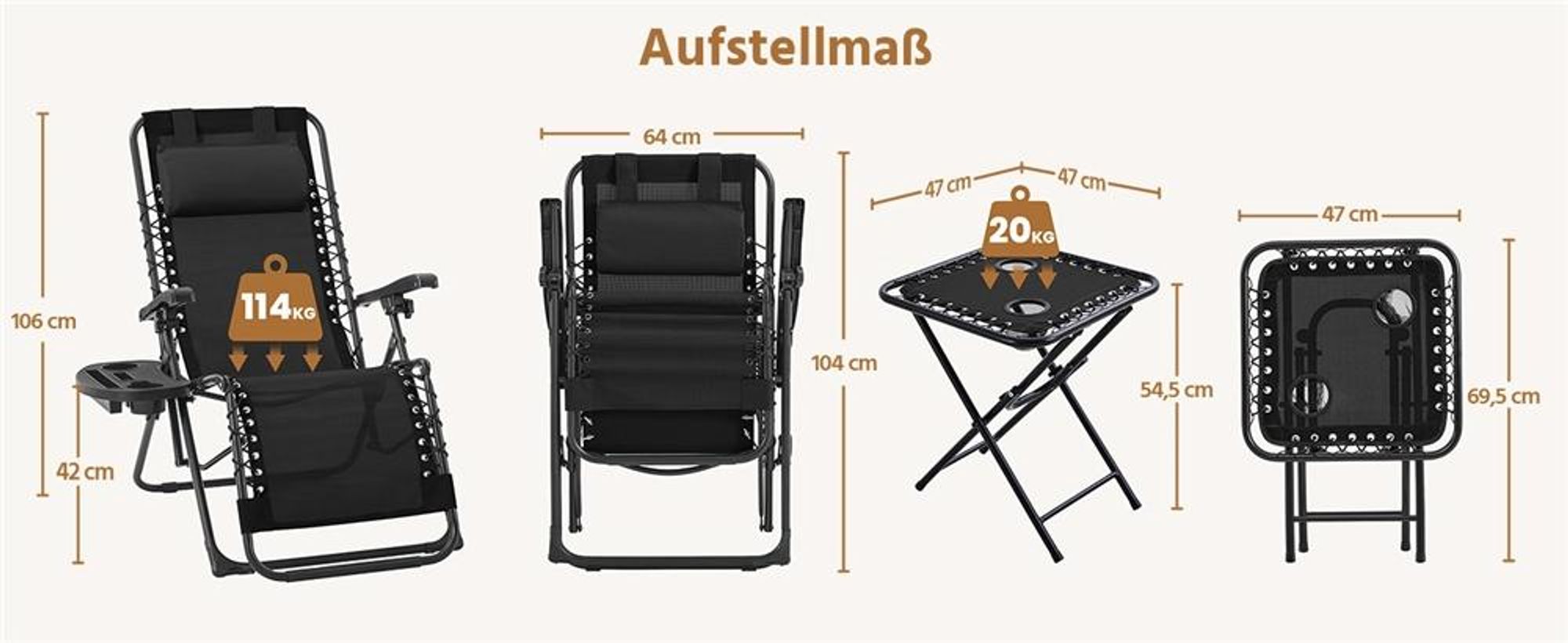 Yaheetech 3-tlg. Liegestuhl Set, inkl. 1 Beistelltisch & 2 klappbare Gartenliegen, mit Nackenkissen & Becherhalter & verstellbarer Rückenlehne