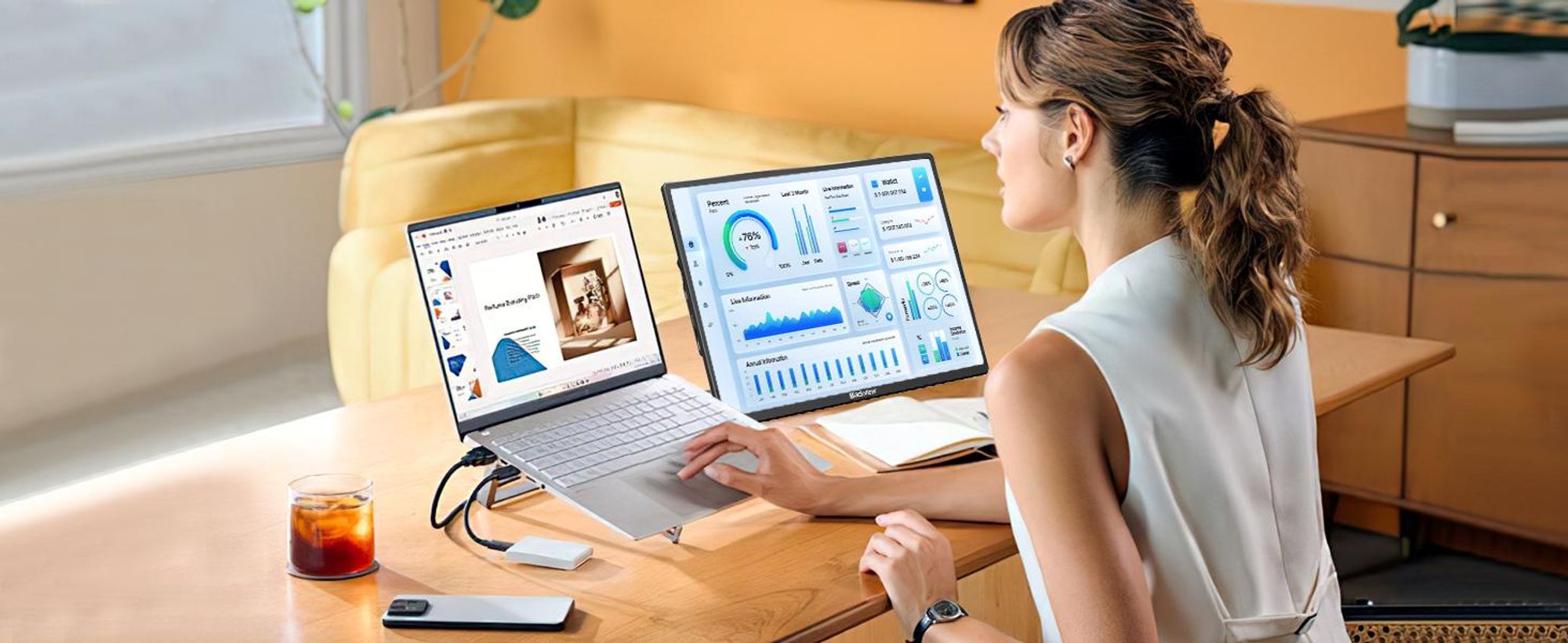 Blackview Table 9 mit Aurabass3 Bluetooth-Box, 16 Zoll FHD tragbarer Monitor, 650g, SÜD , 360° Drehständer, Plug&Play, Kompatibel mit Mac/Win/Android