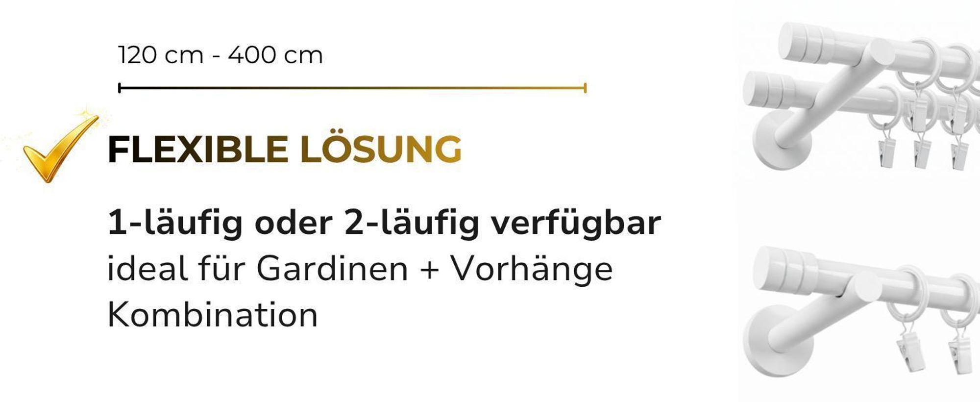 2-läufig Gardinenstange 120 cm Weiß Industrial Stil Vorhangstange 19 mm Komplettset mit Halterungen Ringen Endstück Luna mit dekorativer Fräsung