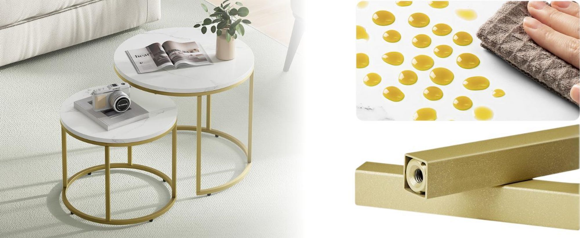 FORTENA Couchtisch Set 2tlg Rund, Marmor Look, mit goldenem Metallgestell