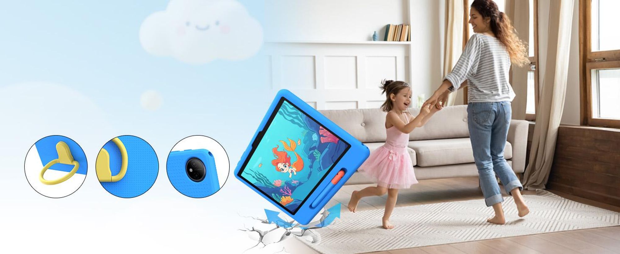 POCKAM P10 kinder tablet, 10,1 inch, met Gemini AI, Android 16, 32 (6+26) GB RAM + 64 GB ROM/TF 2TB, 7000mAh, WiFi tablet voor kinderen, met kindvriendelijke hoes en stylus